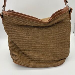 Liz Claiborne Brown Woven Material Shoulder Bag with Faux Leather Trim